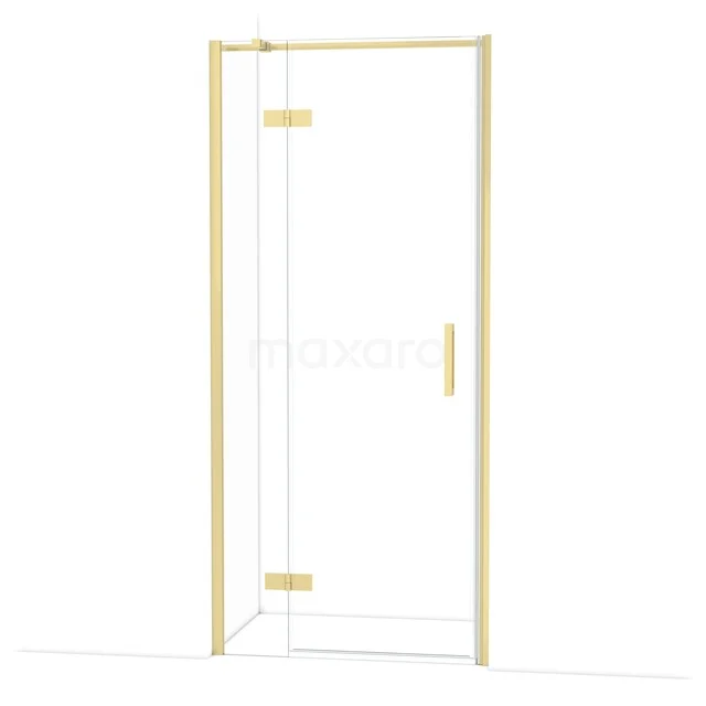 Douchedeur goudkleurig, hoekinstap met helder glas en slanke metalen profielen, luxe toevoeging aan iedere badkamer.
