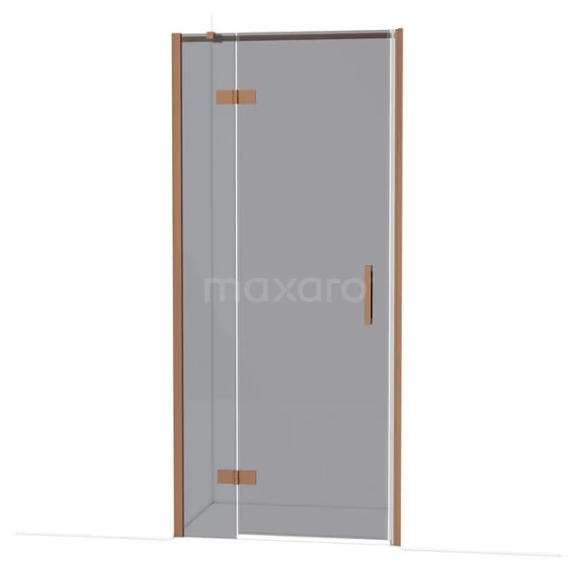 Diamond Douchedeur | 90 cm Koper Rookglas Draaideur DDB21362311KP Glazen douchedeur met koperkleurige scharnieren en handgreep, strak design geschikt voor moderne badkamers.