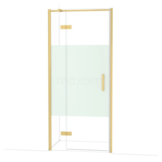 Diamond Douchedeur | 90 cm Goud Helder met matte strook Draaideur DDB21362313GG Douchedeur glas met goudkleurig frame, hoekprofiel en scharnieren, moderne stijl voor een luxe badkamer.