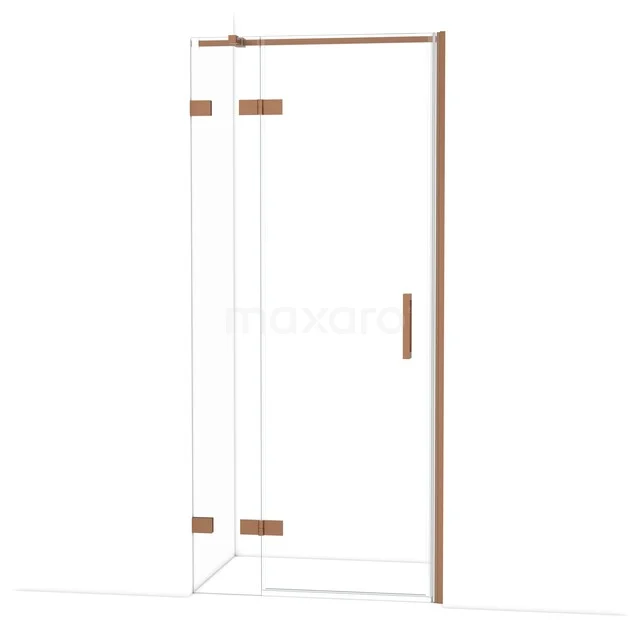 Glasene Duschtür mit Eckeinstieg, roségoldene Beschläge, modernes Design für moderne Bäder.