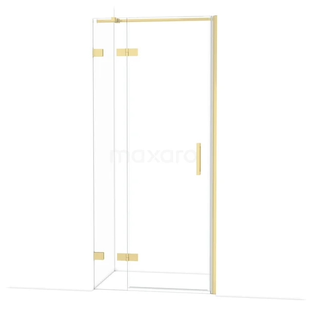 Glasene Duschtür mit goldfarbenen Scharnieren und Haltegriff, ideal für einen luxuriösen Badezimmerstil.