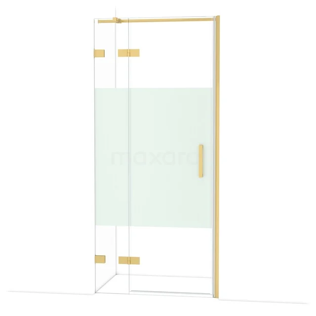 Diamond Shower door | 90 cm Gold Clear with matt strip Pivot door DDB21362323GG Glazen douchedeur met goudkleurig frame en scharnieren, inclusief mat gedeelte voor privacy, ideaal voor een luxe badkamer.