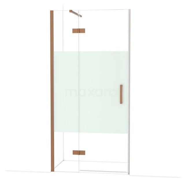 Diamond Douchedeur | 100 cm Koper Helder met matte strook Draaideur DDB21461113KP Glazen douchedeur met koperkleurige scharnieren en handgreep, inclusief matglazen strook, perfect voor een moderne badkamer.