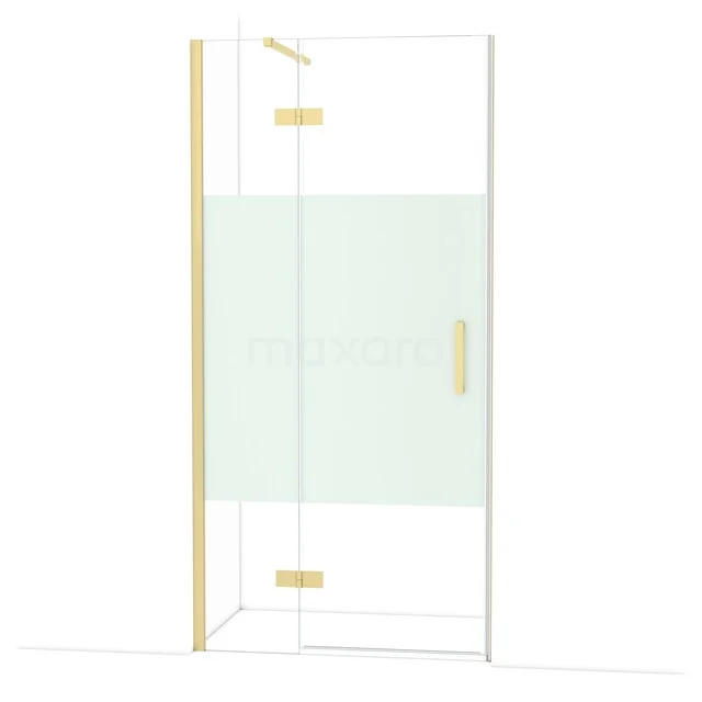 Glasene Duschtür mit mattem Paneel, goldfarbenen Scharnieren und Haltegriff, ideal als stilvolle Ergänzung zum Badezimmer.