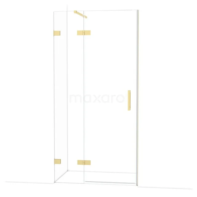 Glazen douchewand met goudkleurige scharnieren en handgreep, stijlvol ontworpen voor een moderne badkamer.
