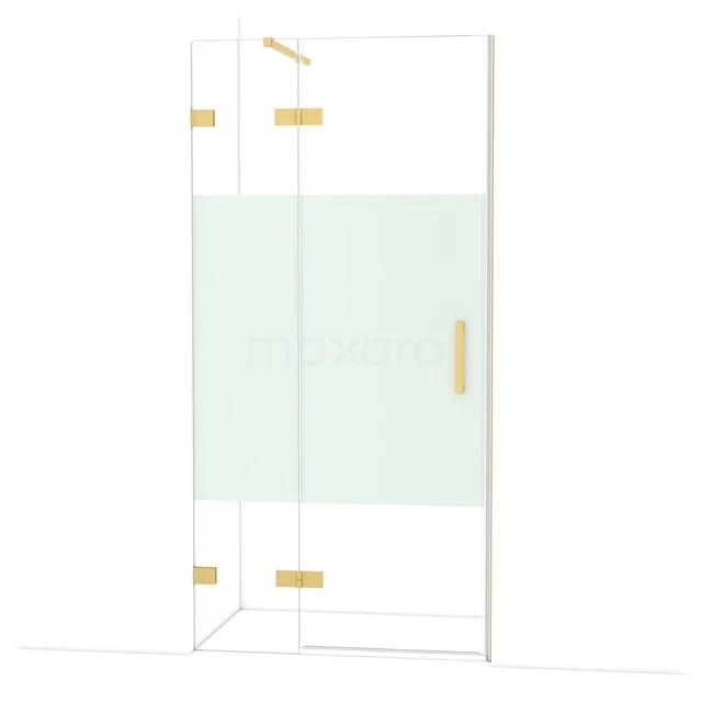 Glas Duschwand mit goldfarbenen Scharnieren und Haltegriff, stilvolle Badezimmerlösung aus der Luxus Serie.