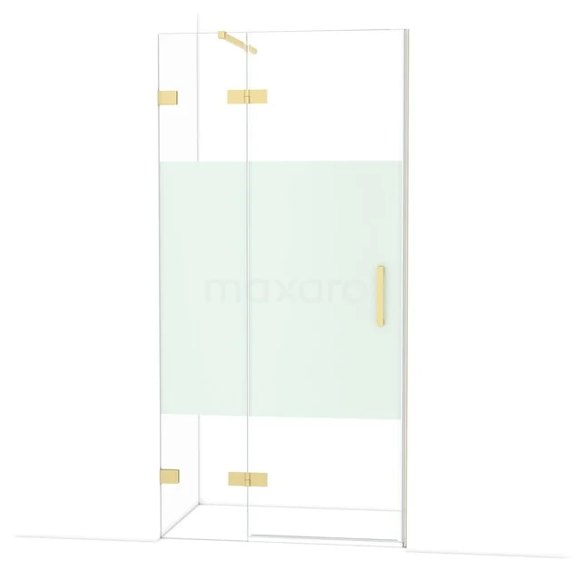 Diamond Shower door | 100 cm Light gold Clear with matt strip Pivot door DDB21461123LG Glazen douchedeur met goudkleurige scharnieren en handgreep, modern design perfect voor een stijlvolle badkamer.