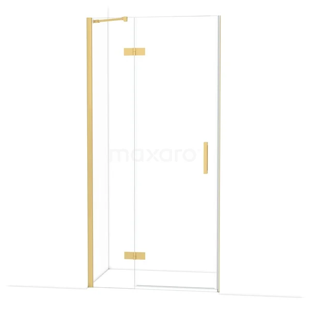 Duschwand mit goldfarbenen Akzenten, Klarglas und schlankem Design, ideal als stilvolle Badezimmerlösung.