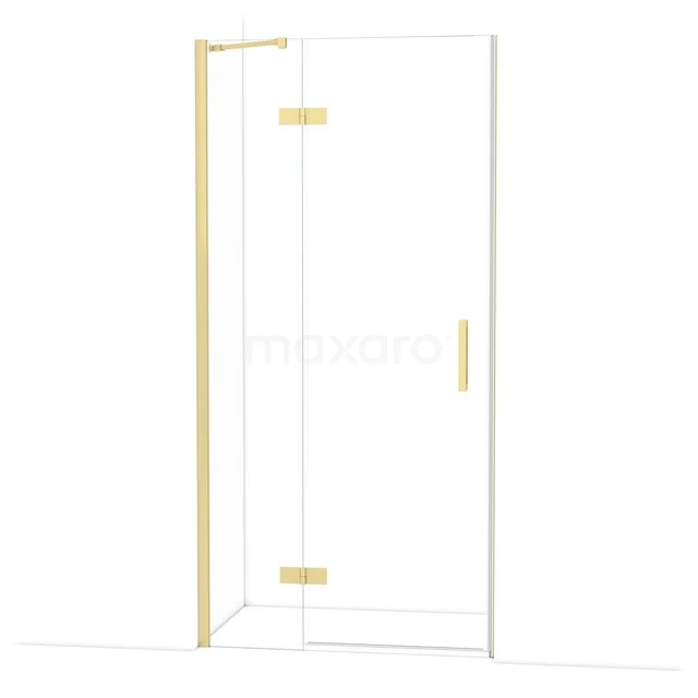 Glass shower door with gold hinges and handle, ideal for a modern bathroom design.