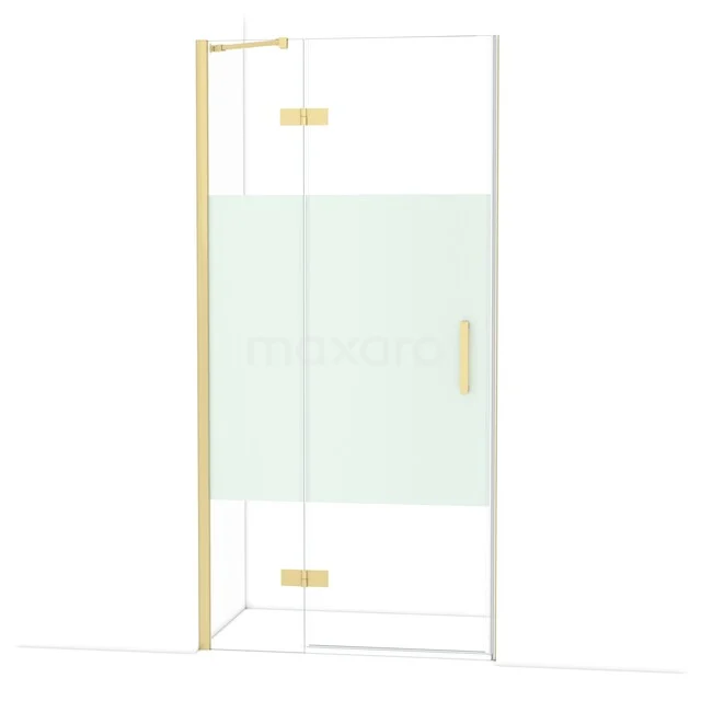 Glazen douchedeur met goudkleurige accenten, matglas details en strak design, perfect voor een stijlvolle badkamer.