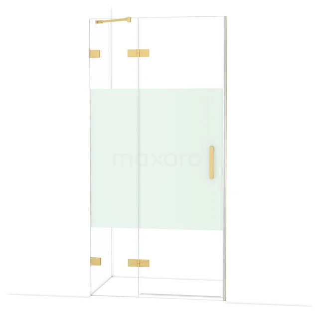 Douchecabine met gouden accenten, helder glas en mat paneel; luxe toevoeging voor een moderne badkamer.