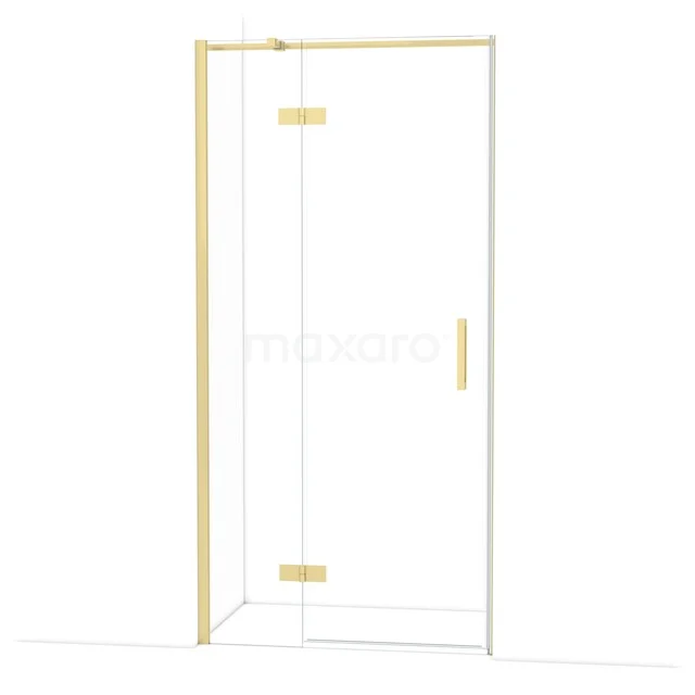 Goldene Duschtür aus Glas mit Scharnieren und Haltegriff, modernes Design, ideal für eine luxuriöse Badezimmerausstrahlung.