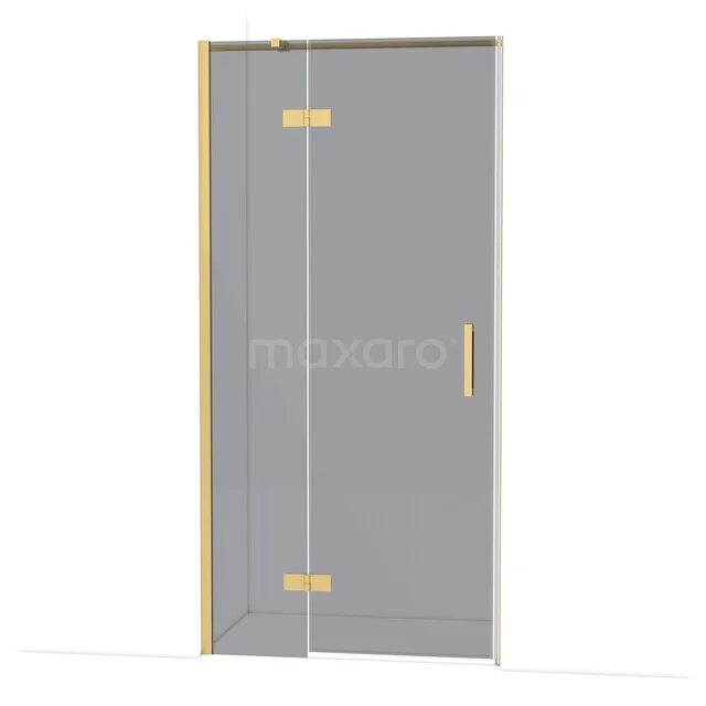 Goldene Duschtür mit Klarglas und scharnierendem Design, perfekt für einen modernen Badezimmerstil.