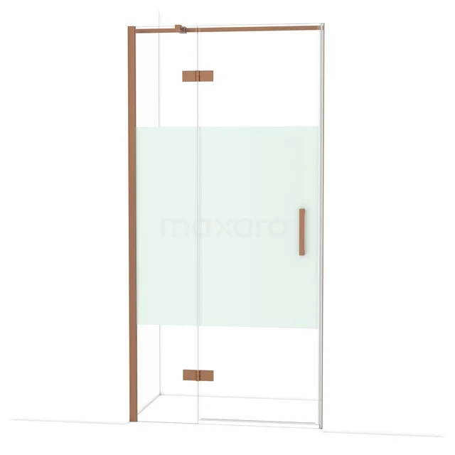 Diamond Douchedeur | 100 cm Koper Helder met matte strook Draaideur DDB21461313KP Glazen douchecabine met matglas paneel, koperkleurig frame en scharnieren, ideaal voor moderne badkamerinrichting.