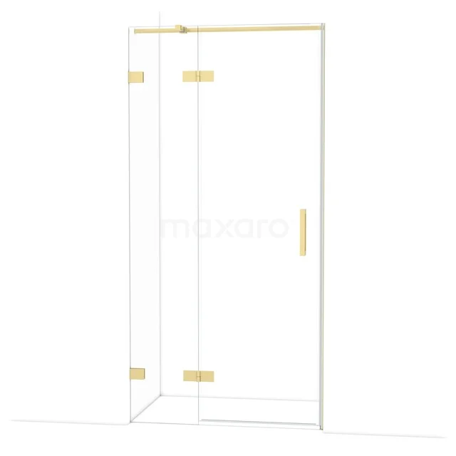 Glasene Duschkabine mit goldenen Akzenten, Eckmodell mit Scharnierdoor, luxuriöses Design, ideal für ein modernes Badezimmer.