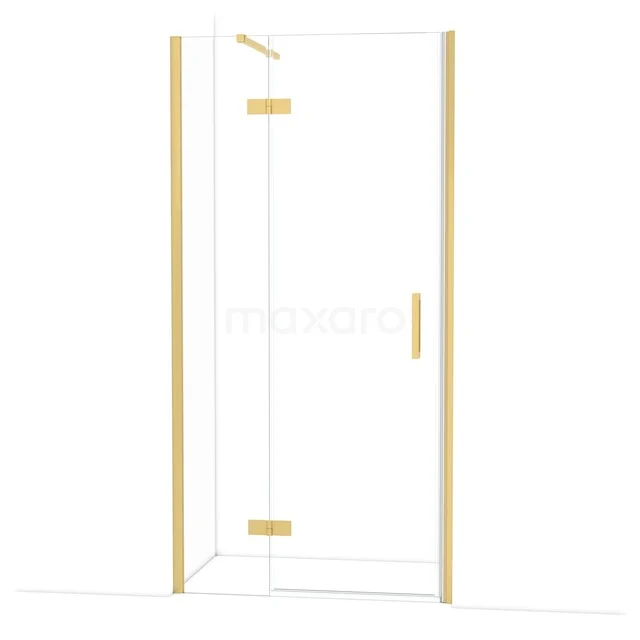 Glas Duschkabine mit Gold Scharnieren, Eckmodell, straffes Design. Perfekt für eine moderne Badezimmerinrichtung.