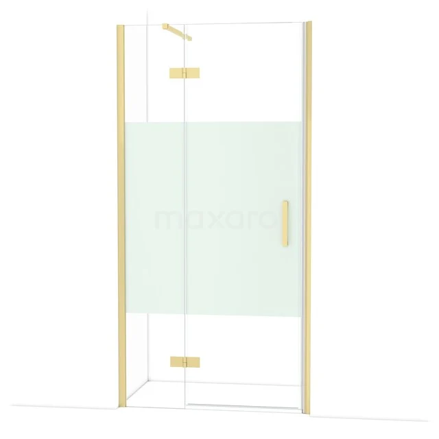 Douchecabine met goudkleurige accenten, hoekinstap en helder glas, perfect voor een luxe badkamerstijl.