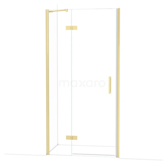 Gouden douchedeur met transparant glas, strak design en minimalistische afwerking voor een luxe badkamerstijl.