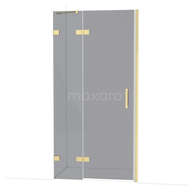 Glasene Duschtür mit goldenen Scharnieren und Haltegriff, schlankes Design, perfekt für ein modernes Badezimmer.