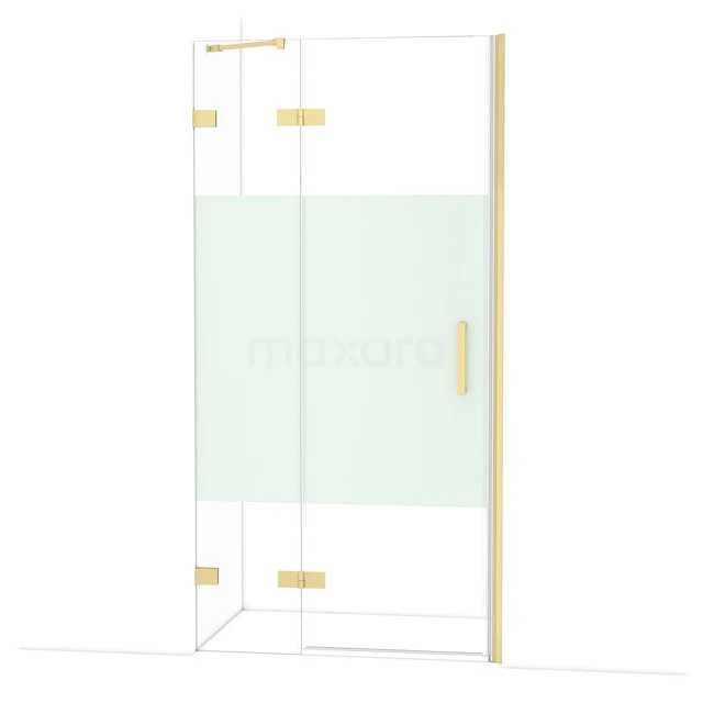 Glazen douchecabine met gouden scharnieren en matte strook, ideale toevoeging voor een stijlvolle badkamerinrichting.