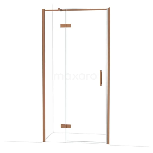 Douchedeur met hoekopstelling, helder glas en koperkleurige omlijsting, ideaal voor een stijlvolle badkamerinrichting.