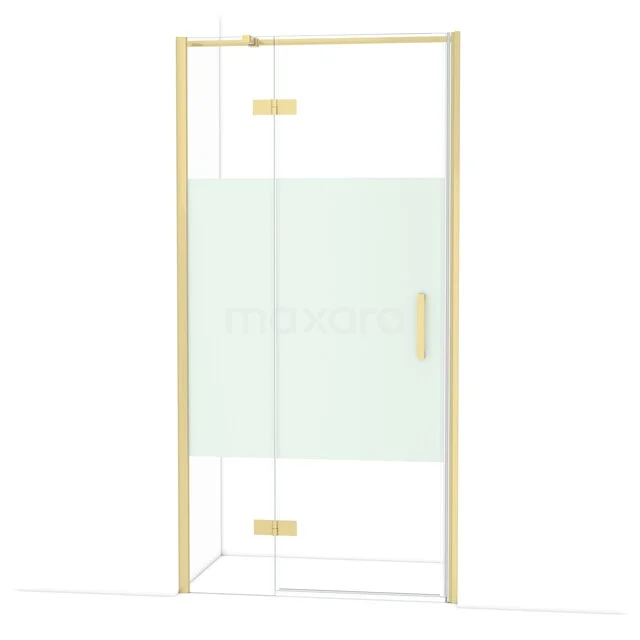 Glas Duschkabine mit mattem Goldrahmen, Klarglas und mattem Privatsphäre-Panel, ideal als luxuriöse Ergänzung im Badezimmer.