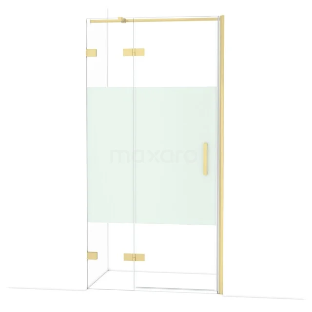 Goudkleurige glazen douchewand met mat middenpaneel, hoekdesign en stijlvolle badkamerhardware.