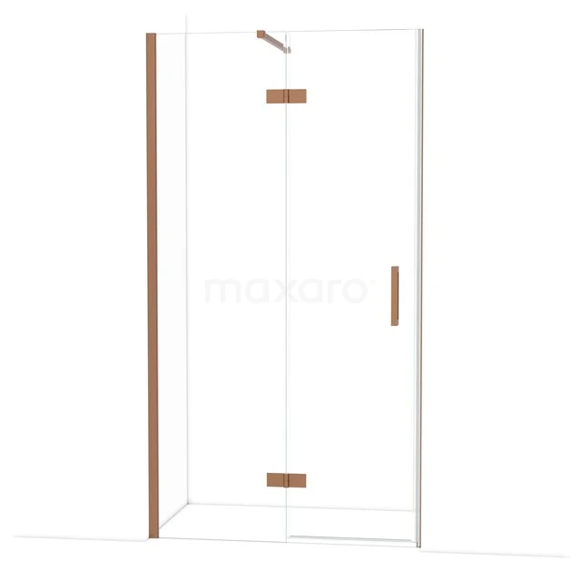 Glazen douchewand met koperen accenten, hoekopstelling, modern design; ideaal voor een stijlvolle badkamer.