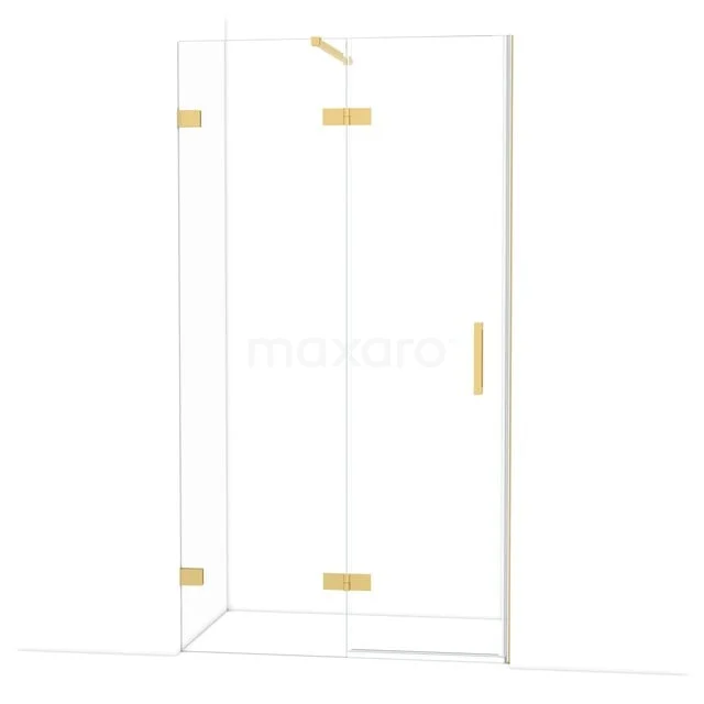Glazen douchewand met goudkleurige scharnieren en handgreep, modern design, perfect voor een stijlvolle badkamer.