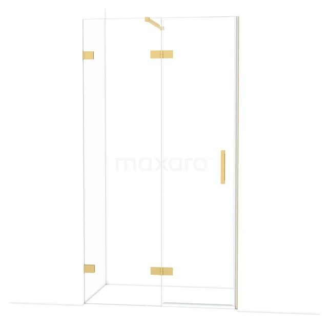 Glas Duschwand mit goldfarbenen Scharnieren und Haltegriff, modernes Design, perfekt für ein stilvolles Badezimmer.