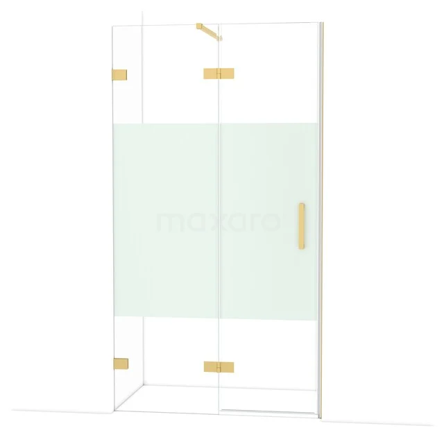 Glazen douchewand met goudkleurige details, matglas middenpaneel, modern design voor stijlvolle badkamerinrichting.