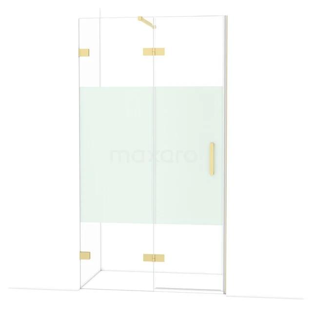 Glazen douchewand met gouden scharnieren en handgreep, modern design, ideaal voor luxe badkamerinrichting.