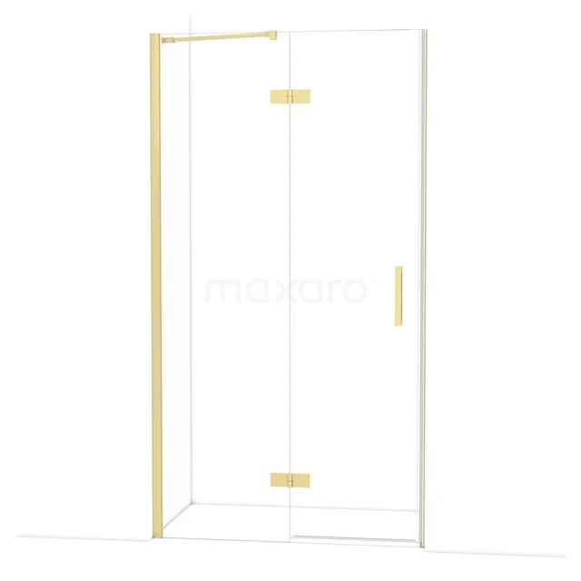 Glass shower cabin with golden details, sleek lines and minimalist design, perfect for a stylish bathroom.