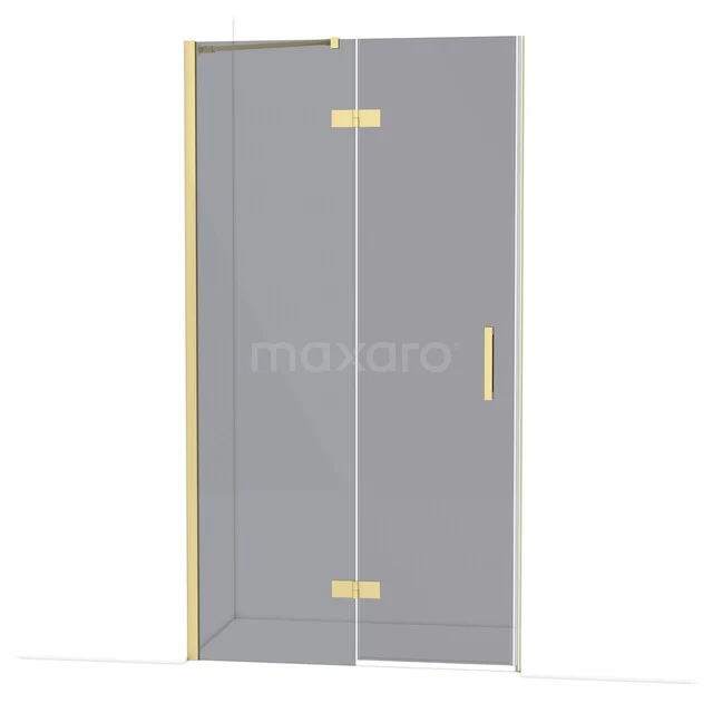 Glazen douchedeur met goudkleurige scharnieren en handgreep, stijlvol ontwerp voor een moderne badkamer.