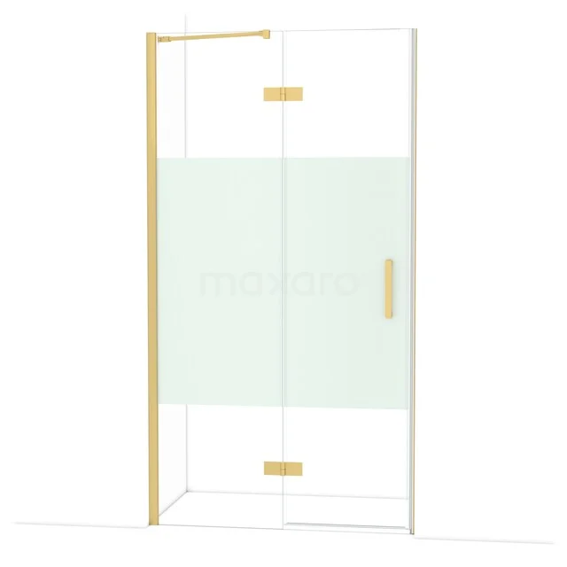 Duschwand mit Gold-Ausstattung, Glasplatte und Matt Weiß Detail; stilvolles Design für ein modernes Badezimmer.