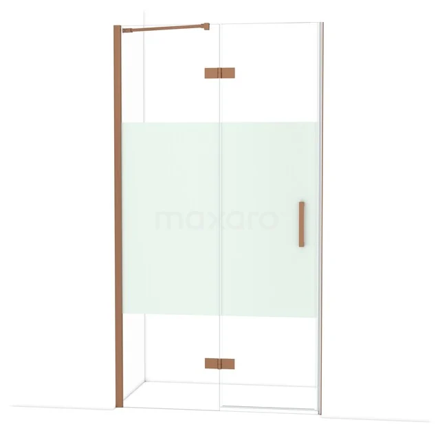 Glazen douchedeur met mat witte folie, koperen accenten en stevig handvat, perfect voor een moderne badkamer.