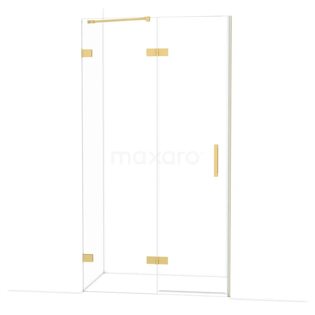Glass shower wall with gold accents, modern design, perfect addition to a luxury bathroom.