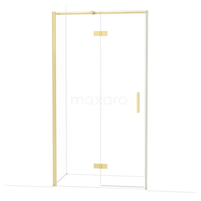 Glazen douchecabine met goudkleurige aluminium omlijsting, strakke vorm en moderne uitstraling, perfect voor luxe badkamers.