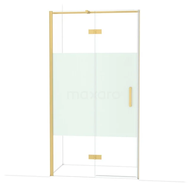 Gouden douchedeur met matglazen paneel, hoekdesign, geschikt voor moderne badkamers. Minimalistisch, luxe uitstraling.