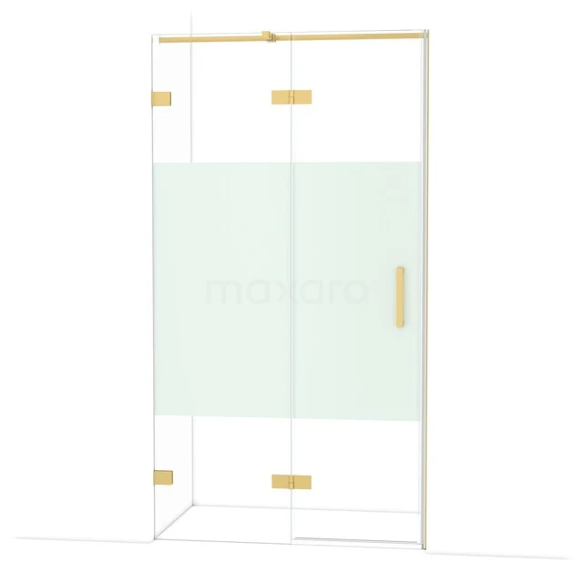 Glazen douchecabine met gouden accenten en matte strook, luxe design voor een stijlvolle badkamer.