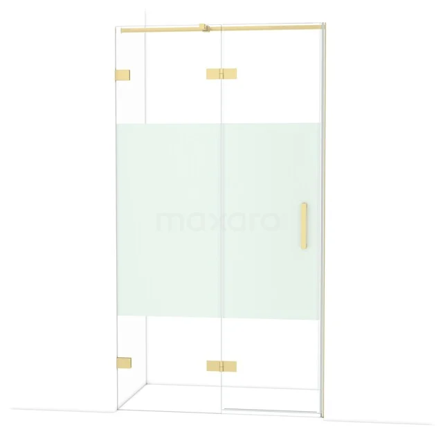 Glazen douchecabine met goudkleurige accenten, matglazen paneel en draaideur, perfect voor een luxe badkamerstijl.