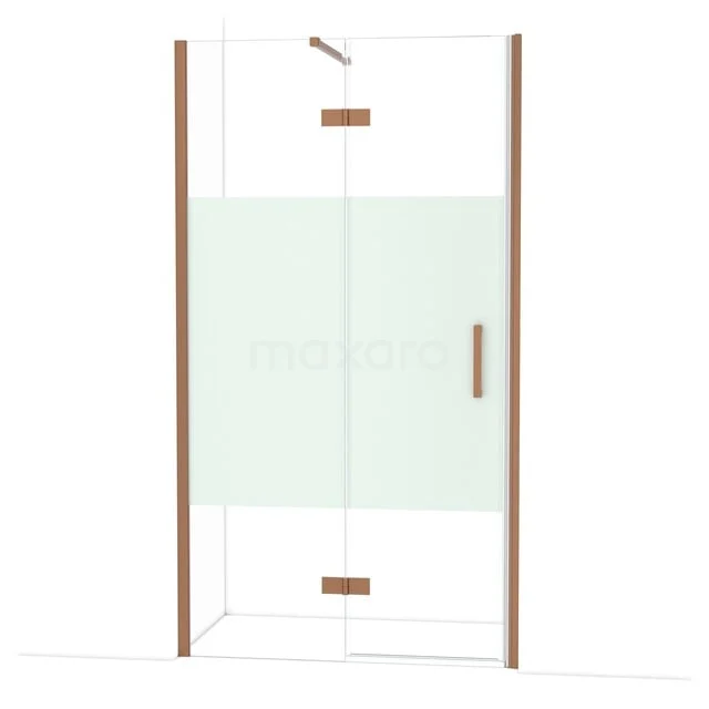 Diamond Shower door | 110 cm Copper Clear with matt strip Pivot door DDB21652113KP Douchecabine met glazen panelen, houten accenten en zijwand, perfect voor een stijlvolle badkamer.