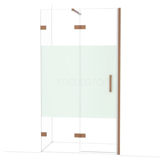 Glazen douchewand met mat deel, messing details en strakke lijnen, ideaal voor een moderne badkamer inrichting.