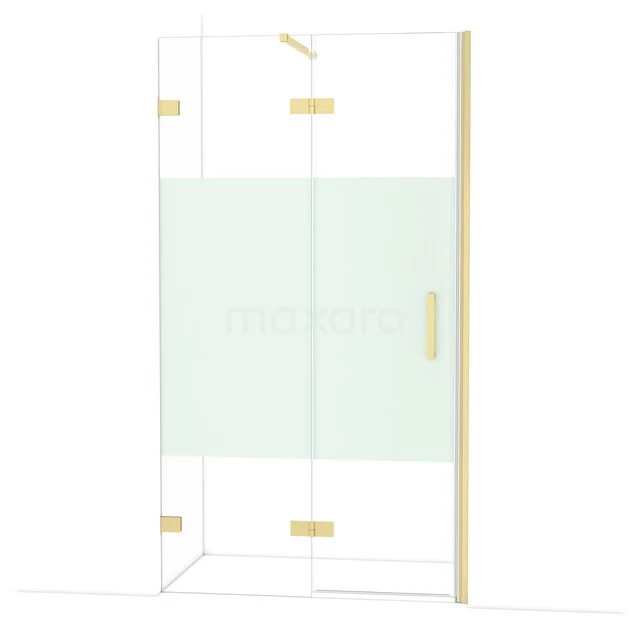 Glazen douchewand met goudkleurige accenten, matglas detail en modern design, ideaal voor een stijlvolle badkamer.