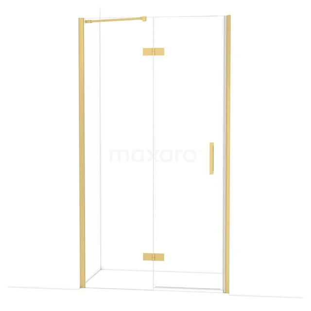 Gouden hoekdouchecabine met helder glas en strak design, ideaal als stijlvolle toevoeging aan een moderne badkamer.