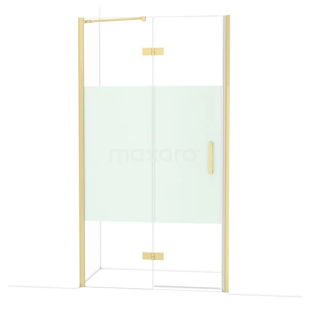 Duschtür mit goldfarbenem Rahmen, Klarglas und mattem Streifen, ideal für einen luxuriösen Badezimmerstil.