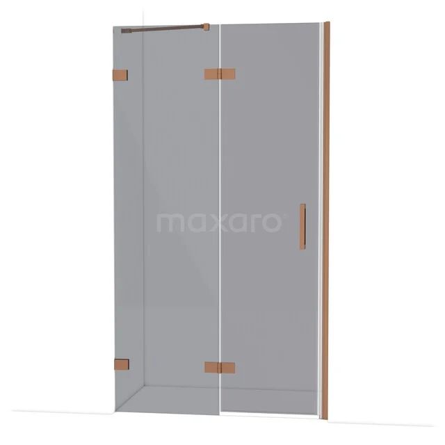 Glasene Duschtür mit matt schwarzem Rahmen und goldenen Scharnieren, modernes Design für ein stilvolles Badezimmer.