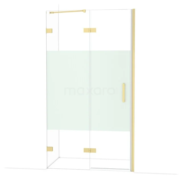 Glazen douchewand met mat witte strook, goudkleurige scharnieren en handgreep, perfect ontworpen voor een luxe badkamer.