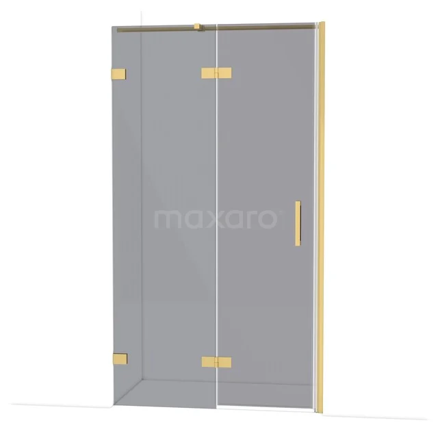 Shower door of clear glass with gold-coloured hinges and handle, perfect addition to a luxury bathroom.