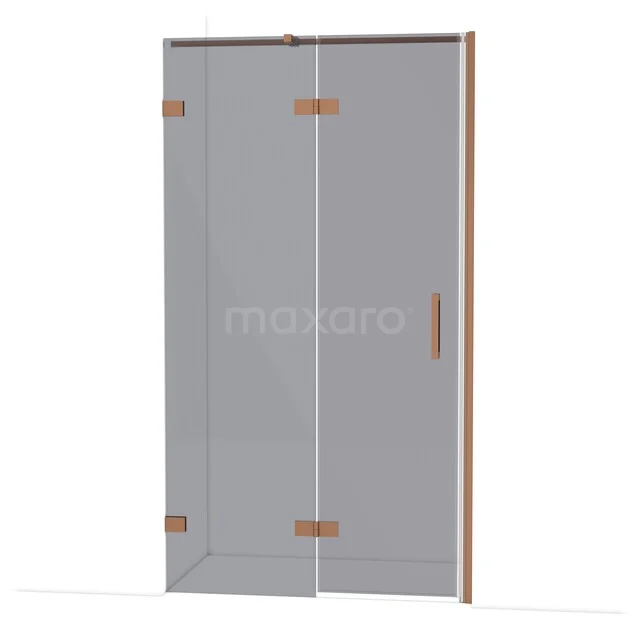 Glazen douchedeur met koperkleurige scharnieren, ideaal voor een moderne badkamer, strak design met transparant glas.